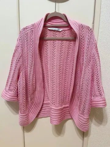 핑크 레이스 편직 가디건 칠부 소매
