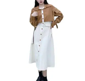 배색 케이프 천 벨트 포함 셔츠 원피스 한국 원피스