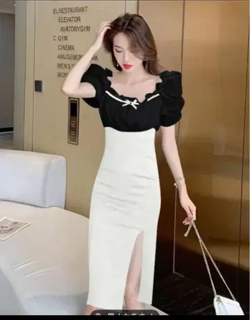 새상품 화이트 블랙 퍼프 슬리브 드레스 M 사이즈