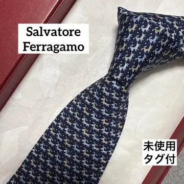 미사용 택 포함 살바토레 페라가모 넥타이 네이비 강아지 패턴 애니멀