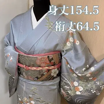 호몬기 츠케사게 이중 기모노 순수 실크 블루 그레이