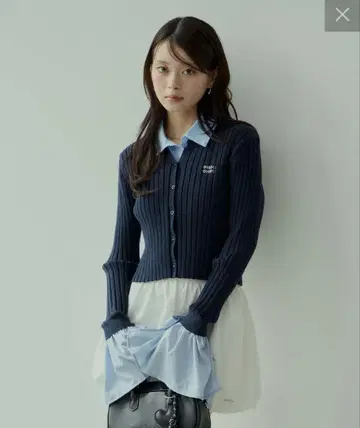 Chico 소매 리본 셔츠 레이어드 가디건 네이비