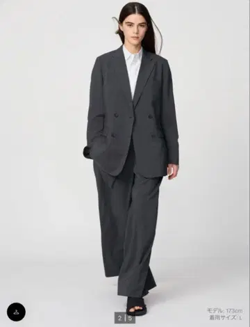 유니클로 C 감동 더블 자켓 감동 턱 와이드 팬츠 세트 다크 그레이