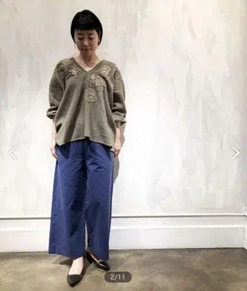 BEARDSLEY 네이비 허리 리브 와이드 팬츠