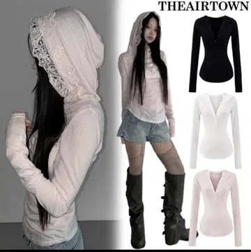 THEAIRTOWN 플라워 레이스 V라인 후드 상의