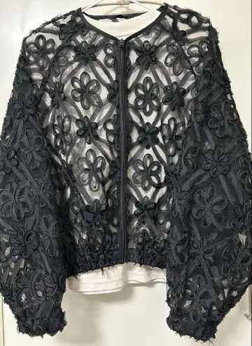ZARA 블랙 플라워 자수 메쉬 가디건 L