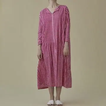 하우스 오브 로터스 깅엄 프린트 개더 원피스 핀턱 면 로운 M