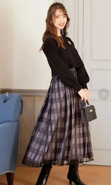 swingle 시어 레이스 체크 플레어 스커트 롱 기장