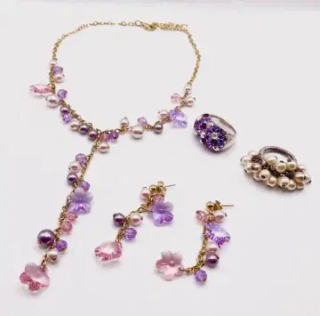 꽃 모티브 목걸이, 귀걸이, 반지 세트 (핑크, 보라색)