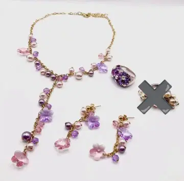 꽃 모티브 목걸이, 귀걸이, 반지 세트 (핑크, 보라색)