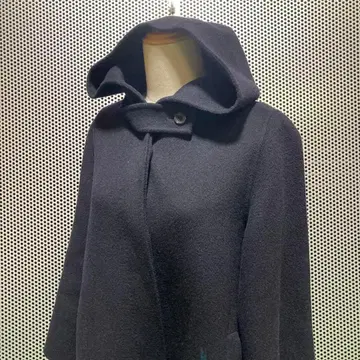 [ 이에나 ] 후드 부착 코쿤 코트 울 소재 캐시미어 혼방 네이비