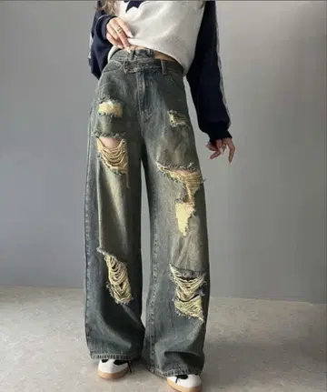 데미지 가공 와이드 레그 데님