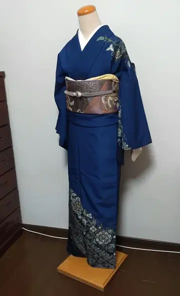 츠케사게 화학 섬유 이중 기모노 터콰이즈 블루 중고
