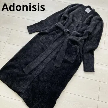 Adonisis 샤기 가운 코트 블랙 허리 리본 포함
