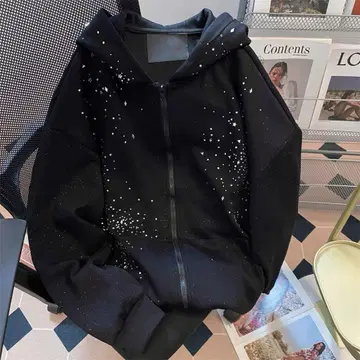 별 패턴 프린트 블랙 집업 후드티