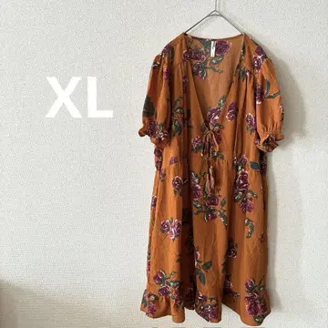 [ XL ] 플라워 프린트 V넥 원피스 오렌지 브라운