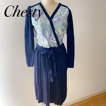 Chesty 카슈쿨 자수 니트 원피스 네이비 고급 페미닌