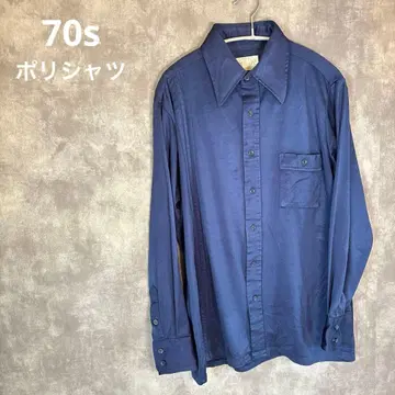 70s Kmart 폴리 셔츠 네이비 와이드 칼라 빈티지