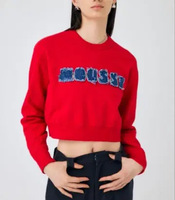 PATCH DENIM MOUSSY 크롭 맨투맨 트레이닝복 빨간색
