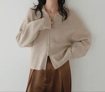 LIAN 더블 지퍼 폴로 니트 가디건 베이지