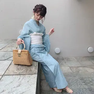 RiLi 스카이블루 꽃무늬 유카타 오비 세트 앙뉘 미즈아메