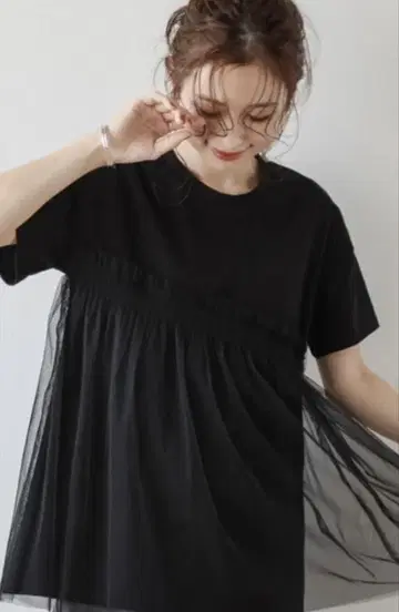 블랙 쉬폰 절개 T 셔츠 반팔