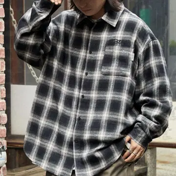 [ retock's ] 로고 자수 옴브레 체크 빅 실루엣 긴팔 셔츠