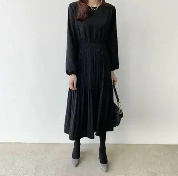 택 포함 긴팔 플리츠 롱 원피스 블랙 관혼상제 포멀