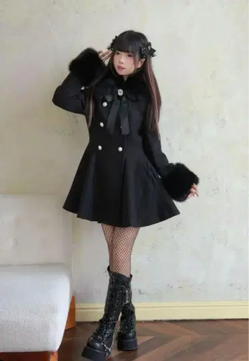 NoGenki 퍼 플레어 펄 더블 코트 블랙 S
