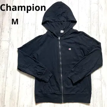 Champion 블랙 풀 집업 후드티 M 로고 프론트 포켓
