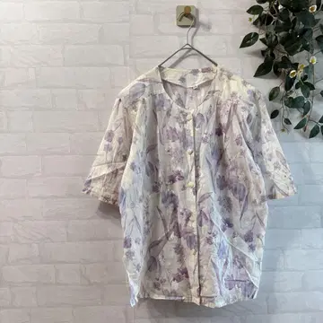 꽃무늬 코튼 반팔 셔츠 블라우스 (13R) 보라색 x 화이트 일본제 비침