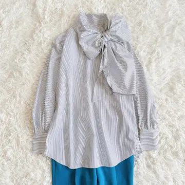 새상품급 [M-fil] 블라우스 스트라이프 사이드 보타이 셔츠 38