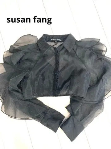 SUSAN FANG 시스루 프릴 크롭 셔츠 S 블랙