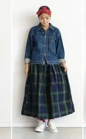 ichi Antiquites 린넨 체크 스커트