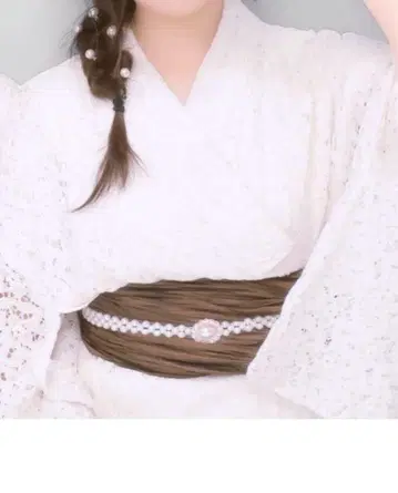 화이트 레이스 유카타 브라운 오비 세트