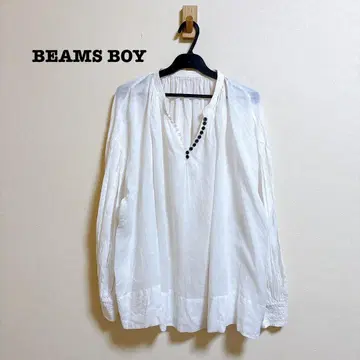 BEAMS BOY 코튼 린넨 개더 스모크 블라우스 화이트