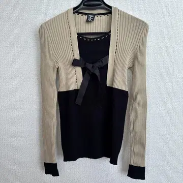 TRICOT CHIC 베이지 블랙 니트 스웨터 M