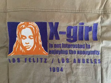 X-girl 올리브색 카키색 반팔 셔츠 그래픽 프린트
