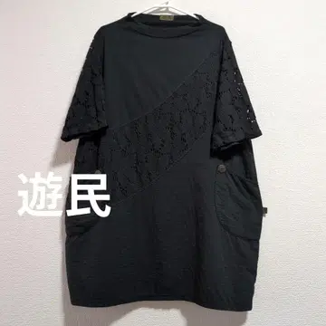 유민 소매 레이스 반팔 루즈핏 튜닉 블랙