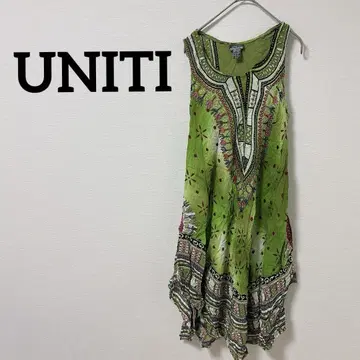 UNITI 슬리브리스 원피스 그린 컬러 꽃무늬 에스닉 패턴