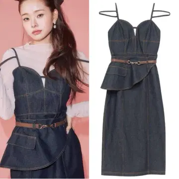 하트넥 데님 콤비 점프수트