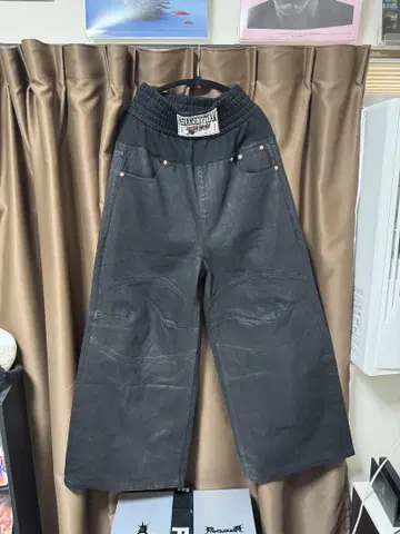 익일 배송 RYE CHASIN 블랙 와이드 팬츠 허리밴딩 데님풍