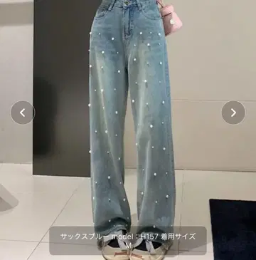 펄 장식 와이드 레그 데님 팬츠 M