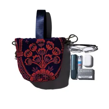 JACQUARD FABRIC DRAWSTRING BAG Navy Blue