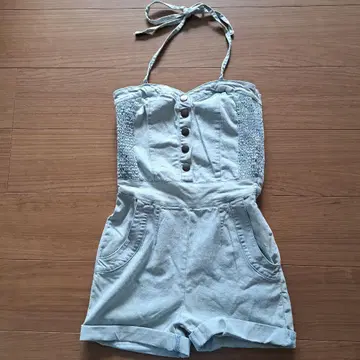 캔디 레트로풍 아이스 블루 데님 반바지 오버롤, 올인원