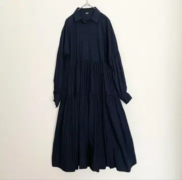 미라 오웬 롱 원피스 티어드 셔츠 카라 네이비