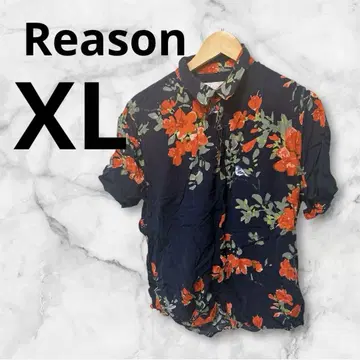 Reason 반팔 셔츠 XL 네이비 플라워 무늬