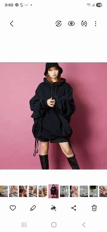 오버사이즈 후드 부착 후드티 블랙 소매 주름 루즈핏
