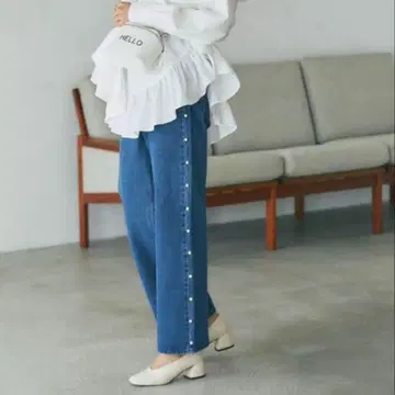 앤드 도트 노스탤지어 펄 장식 스트레이트 데님 팬츠 M 페미닌