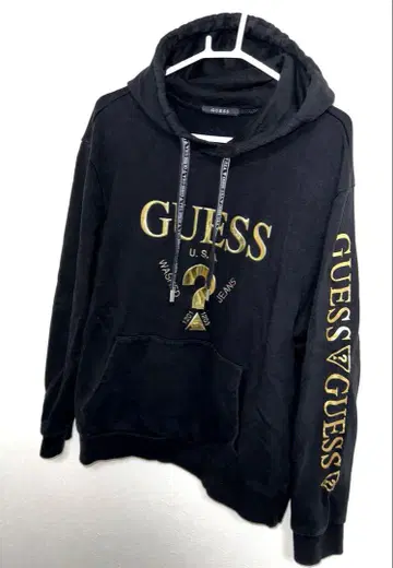 GUESS 블랙 메탈릭 로고 후드티 (XL)